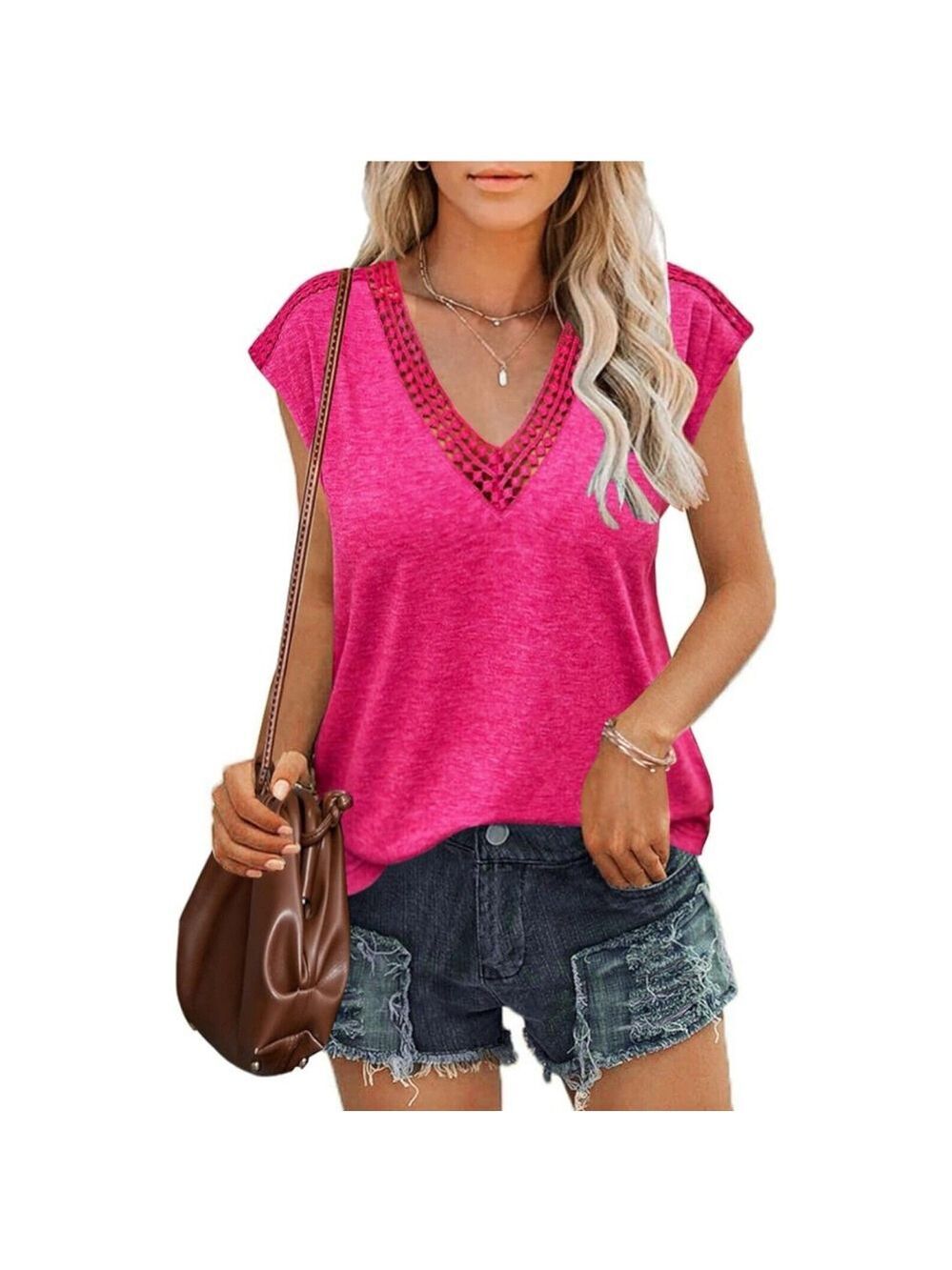 Zeagoo Women’s Summer Casual Vneck Cap Sleeve Guipure Lace Shirt Blouse